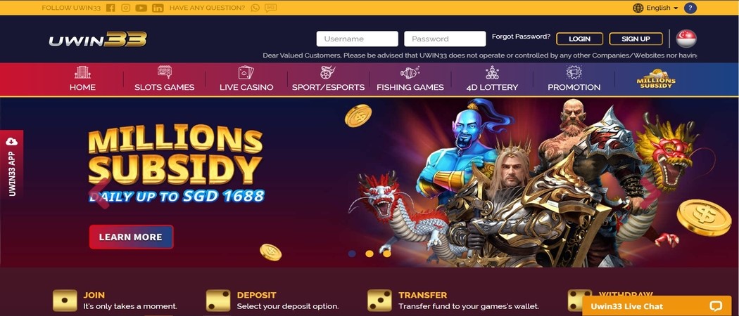 Uwin33 Online Casino Singapore Website Homepage
